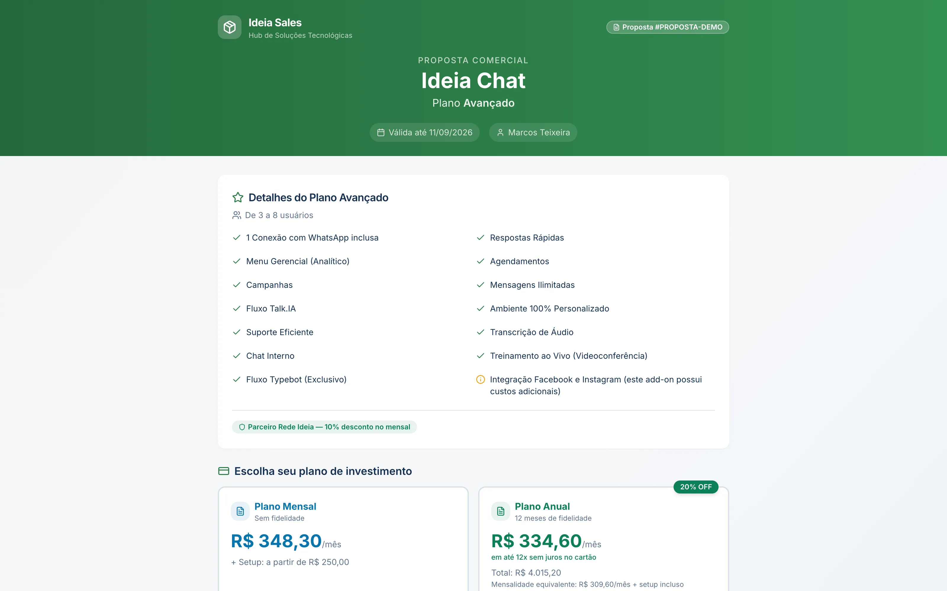 Página pública da proposta vista pelo cliente: cabeçalho verde com o produto e o plano, lista de recursos inclusos e a escolha entre Plano Mensal e Plano Anual com 20% de desconto.